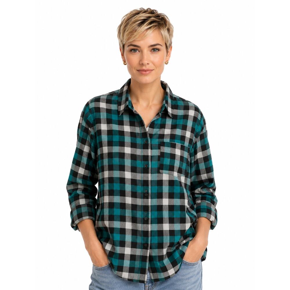 Eden & Olivia Womens Plaid Button Front Shirt Teal Black Plus Size